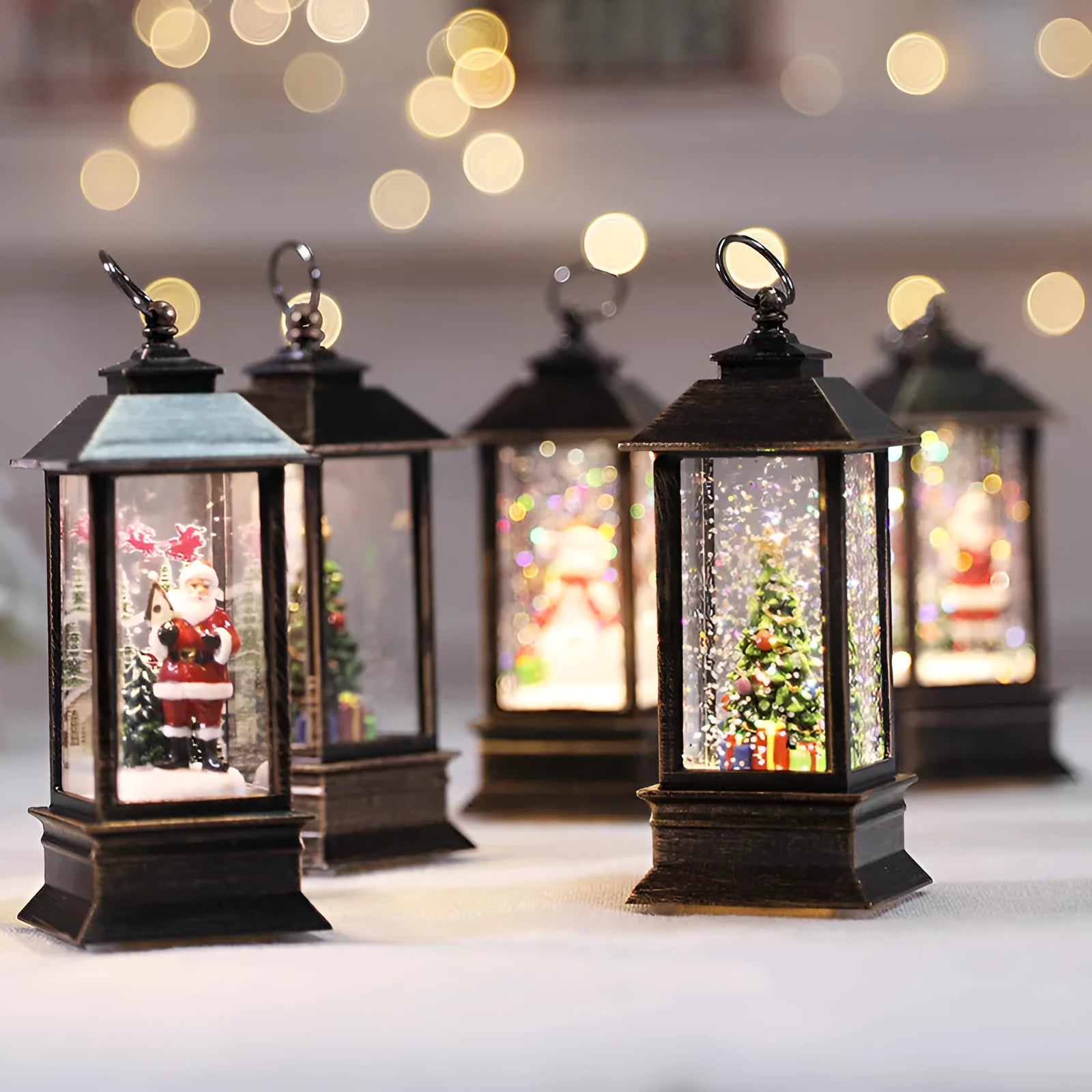 Christmas simulation LED flame small oil lamp with decorative old man figure and tree on a shelf