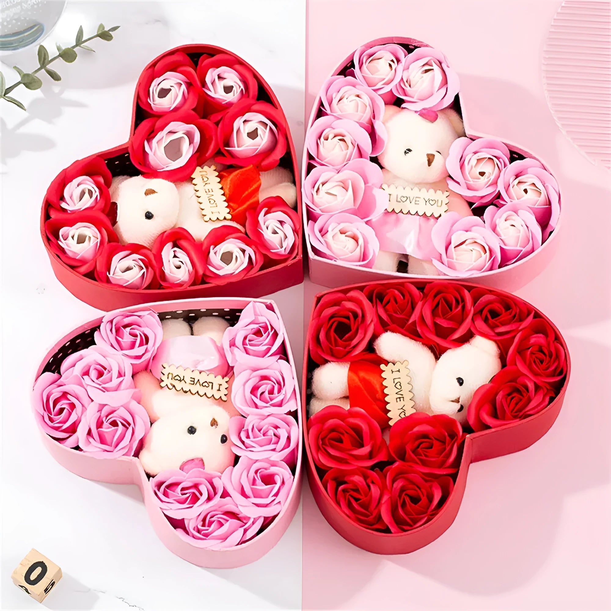 Heart-shaped red gift box containing natural fragrance soap roses for handwashing and bathing