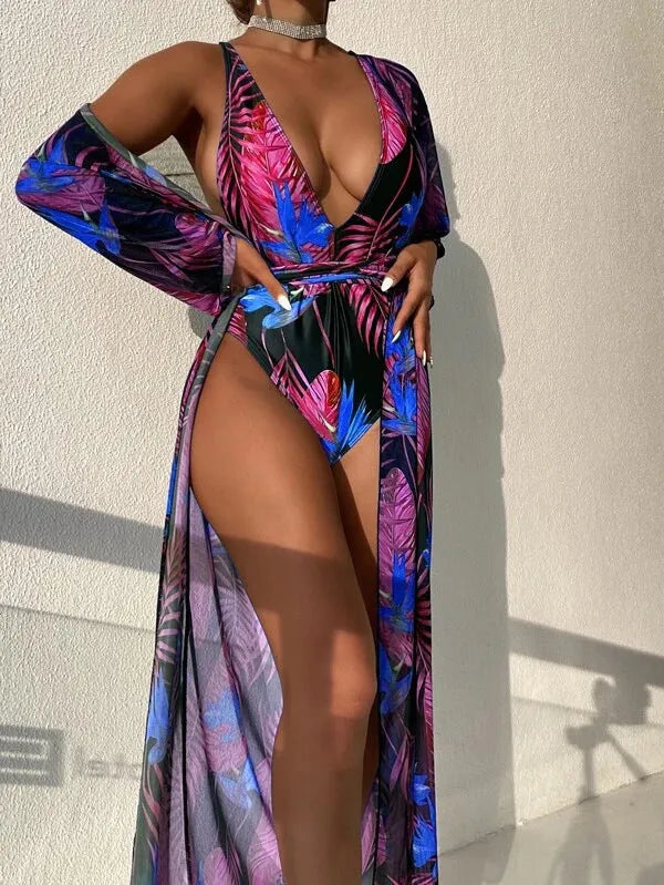 Women's three-piece patterned swimsuit set with cover-up coat for swimming sports
