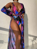 Women's three-piece patterned swimsuit set with cover-up coat for swimming sports