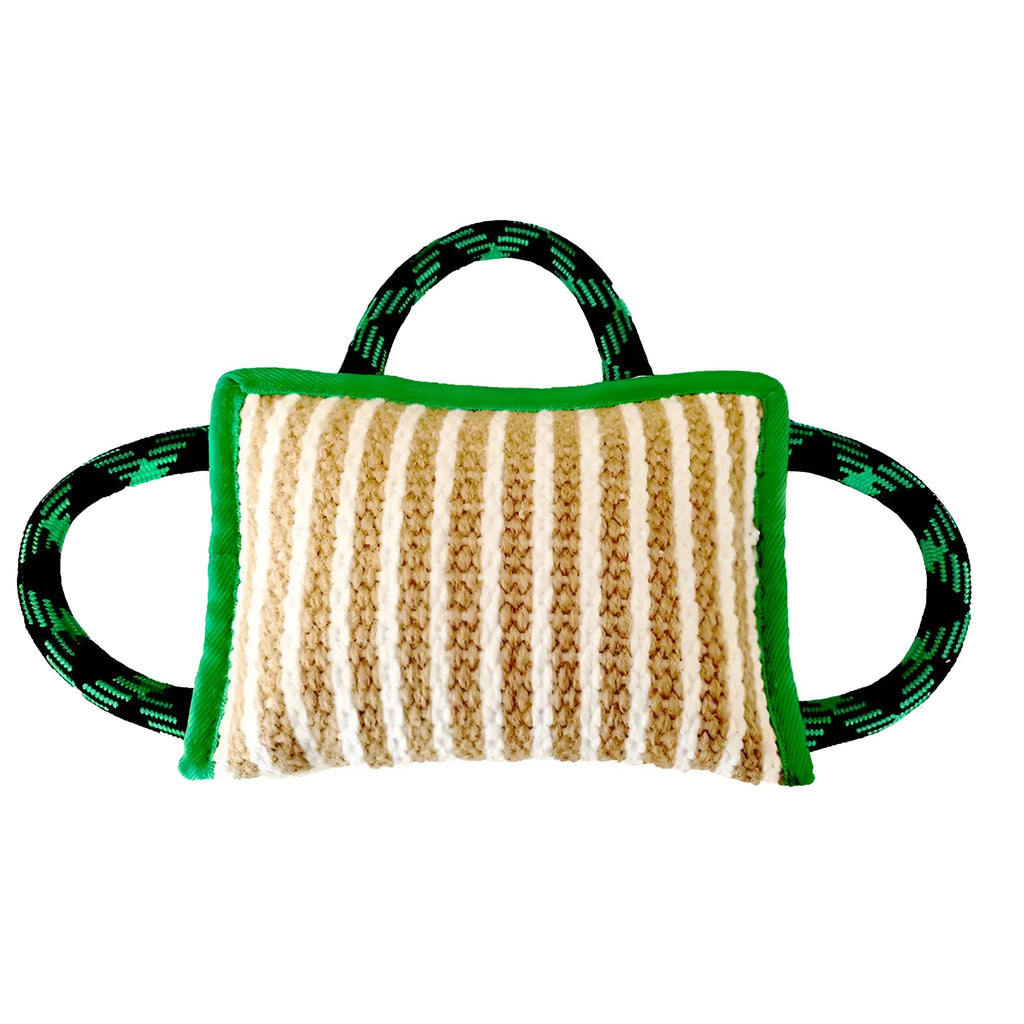 Jute dog tug toy with three rope handles and a central bite pillow for interactive play.