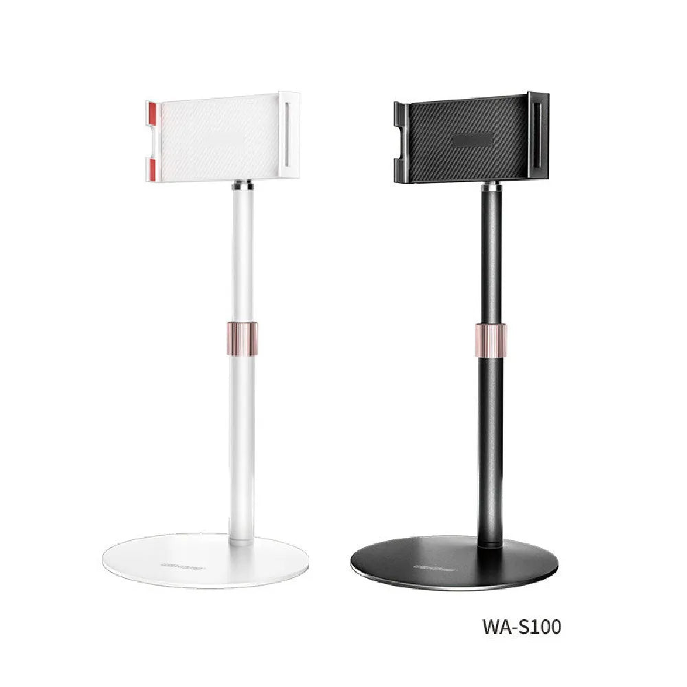 Black telescopic metal bracket holding an 11-inch tablet, extended on a wooden desk.