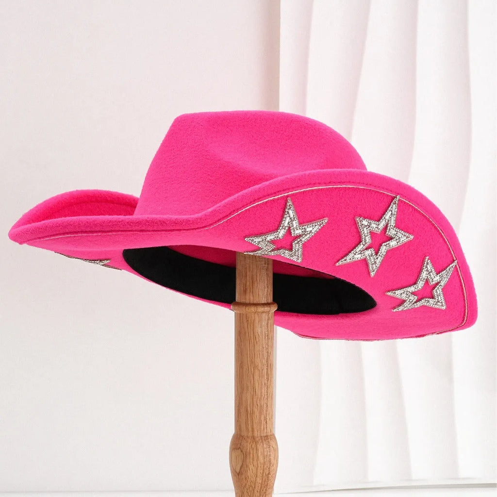 Beige wool felt western cowboy hat with a hexagonal star on the side, conical crown.
