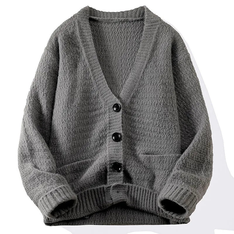 Men's knitted bottoming shirt loose pullover thickened long sleeve in gray for spring autumn daily wear polyester fibre