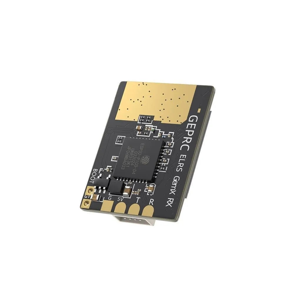 Gemini ELRS dual-frequency FPV receiver with metal case and two T-shaped antennas.
