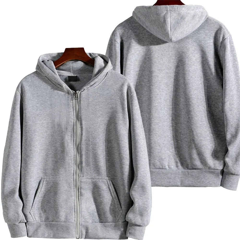 Men's loose fit solid colour zip-up sports jacket in polyester spandex fabric on a hanger