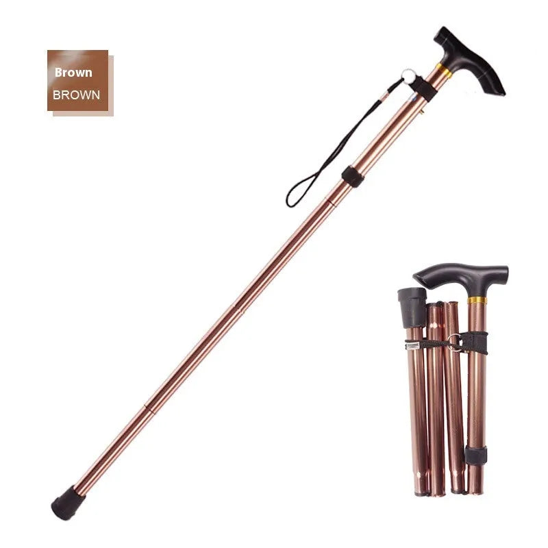 Aluminium alloy folding walking cane extended, showing adjustable sections and non-slip tip.