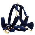 Navy blue corduroy dog collar and leash set with matching vest, poop bag, and decorative bow