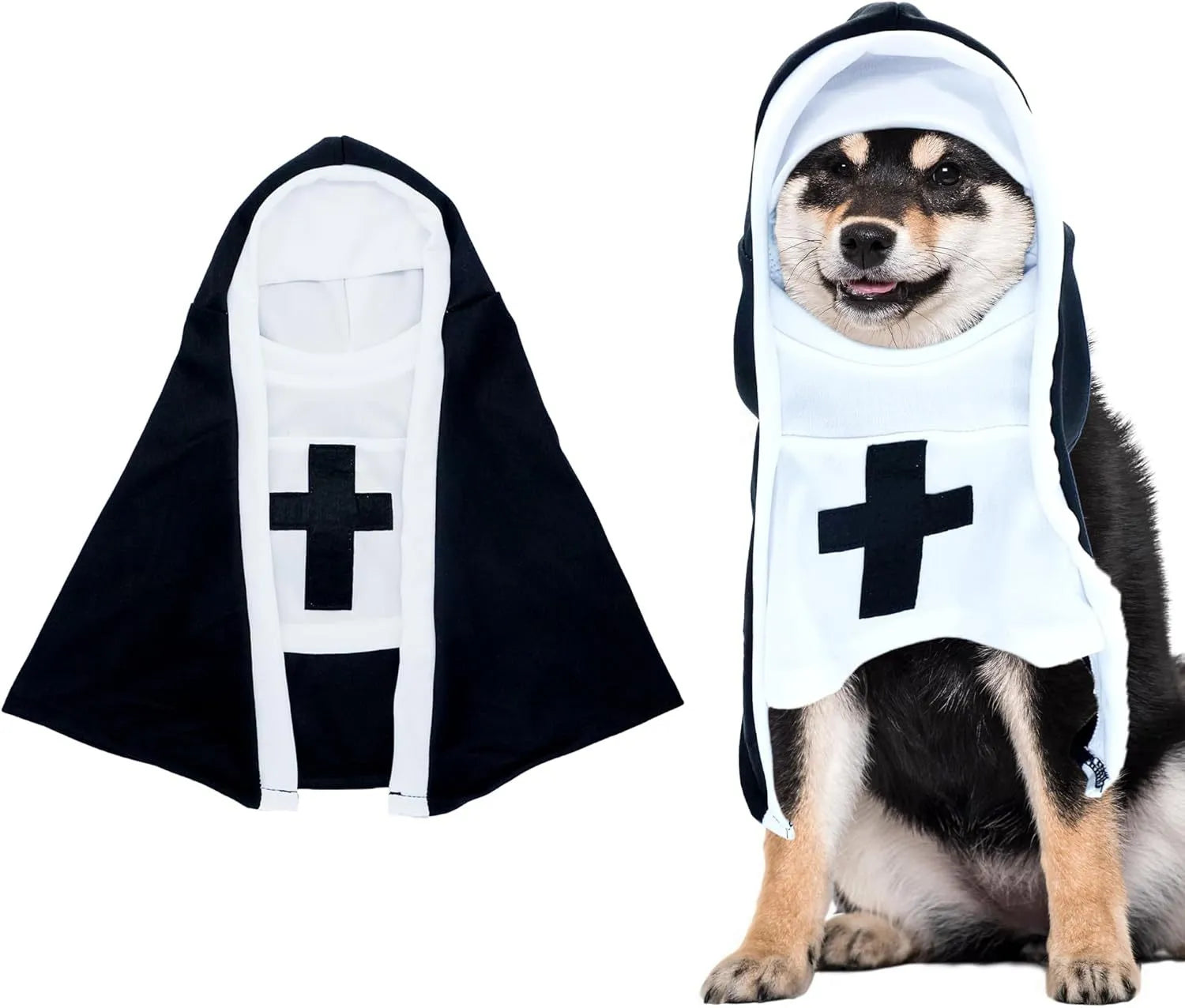 Black and white nun costume cloak on a small dog, showing the pullover design.