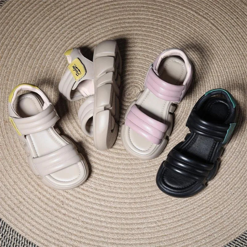 Open toe platform wedge sandals in beige with round toe, Velcro strap, and non-slip rubber sole