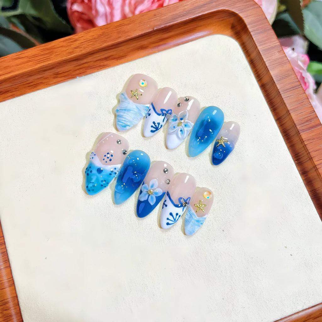 Blue hand-painted carved summer ice transparent fake nails set with four size options