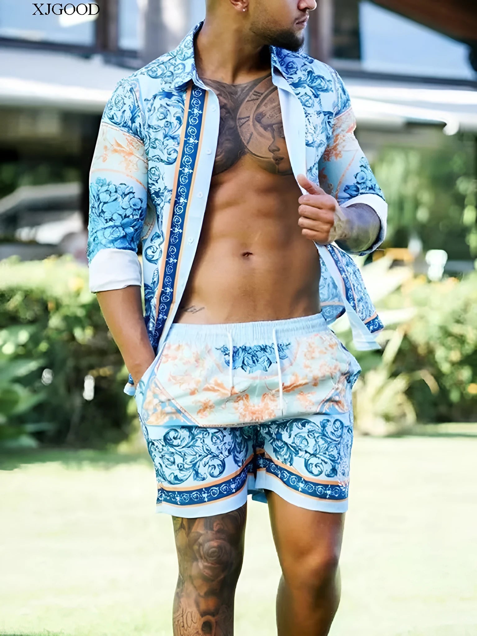 Men's polyester Hawaiian floral two-piece set with matching printed shirt and shorts, casual summer outfit in sizes S to 5XL