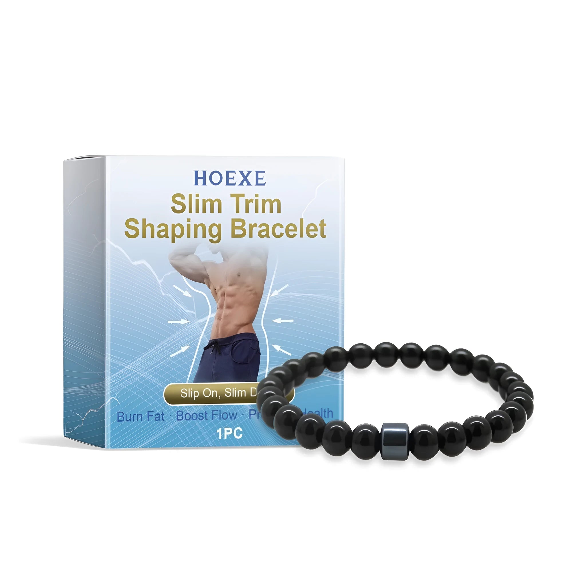 Men's adjustable black gallstone and glass body shaping wristband bracelet.