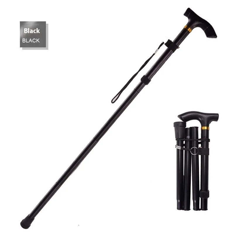 Aluminium alloy folding walking cane extended, showing adjustable sections and non-slip tip.