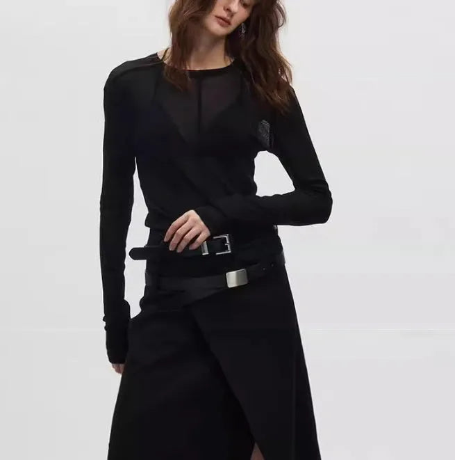 Black slim-fit women's pullover top with a mesh see-through texture and long sleeves.