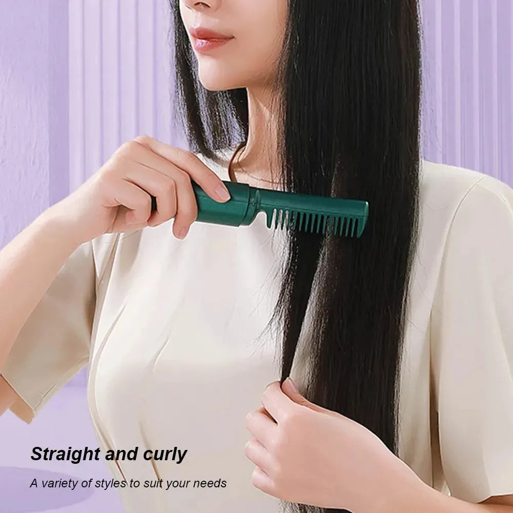 Cordless hair straightener brush with ceramic coating, available in purple, green, and pink, showing compact design