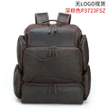 Dark brown genuine leather backpack for a 17-inch laptop, showing multiple pockets and double shoulder straps.