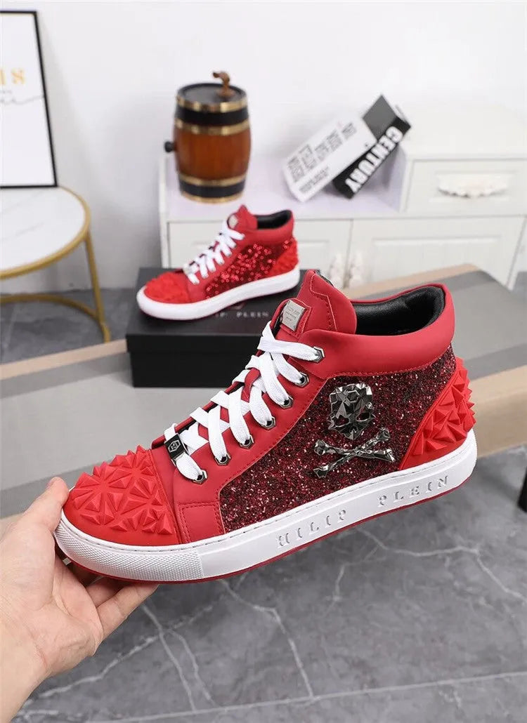 Men's black genuine leather high top skeleton shoes with red laces, shown on a white background.