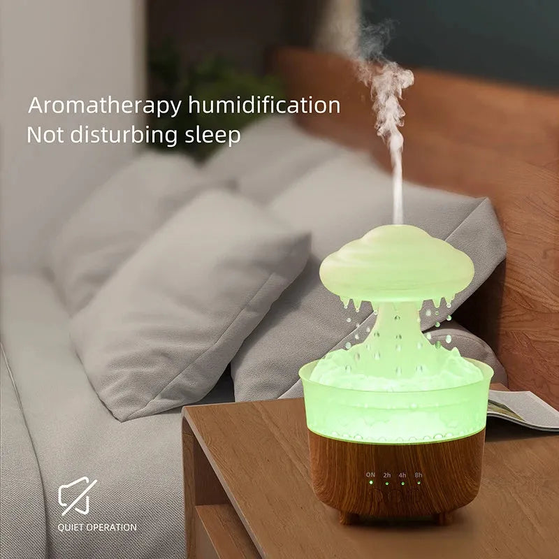 Wood grain white rain cloud humidifier diffuser with glowing LED light and water droplets.