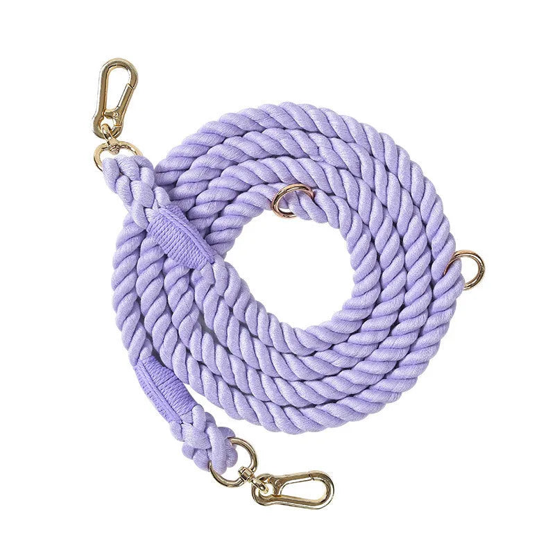 Woven rainbow coloured dog leash with clips at both ends, shown in a choice of colours with silver or gold fittings.