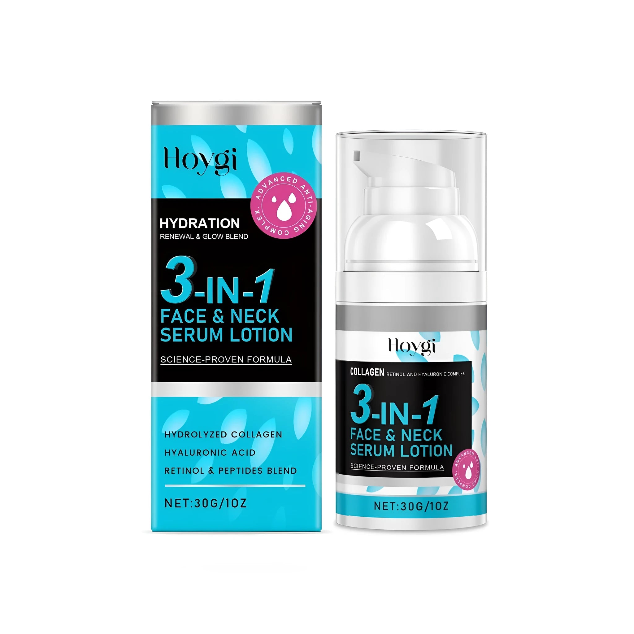 30g tube of 3-in-1 Face Neck Serum Lotion with collagen, retinol, and hyaluronic acid.