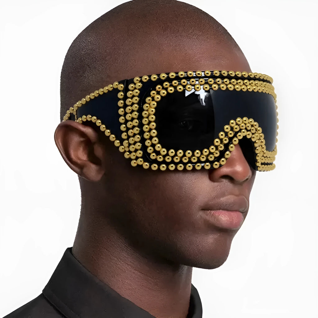 Men's silver punk sunglasses with large square frames and rivet details on the temples