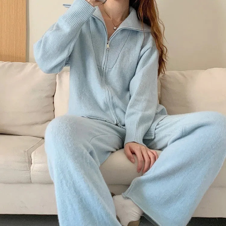 Knitted zip-front cardigan and wide-leg trousers co-ord set in a solid colour.