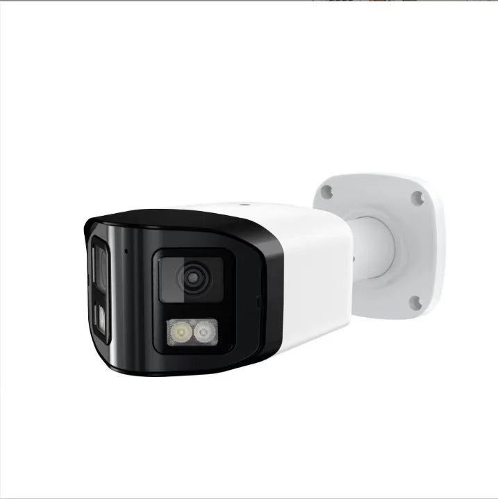 4MP dual-lens POE IP66 waterproof security camera showing front view with two lenses and mounting bracket.