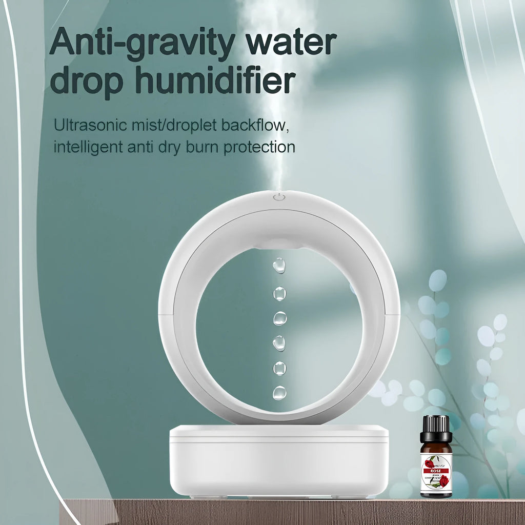 White round USB-powered humidifier showing anti-gravity levitating water droplets and mist output.