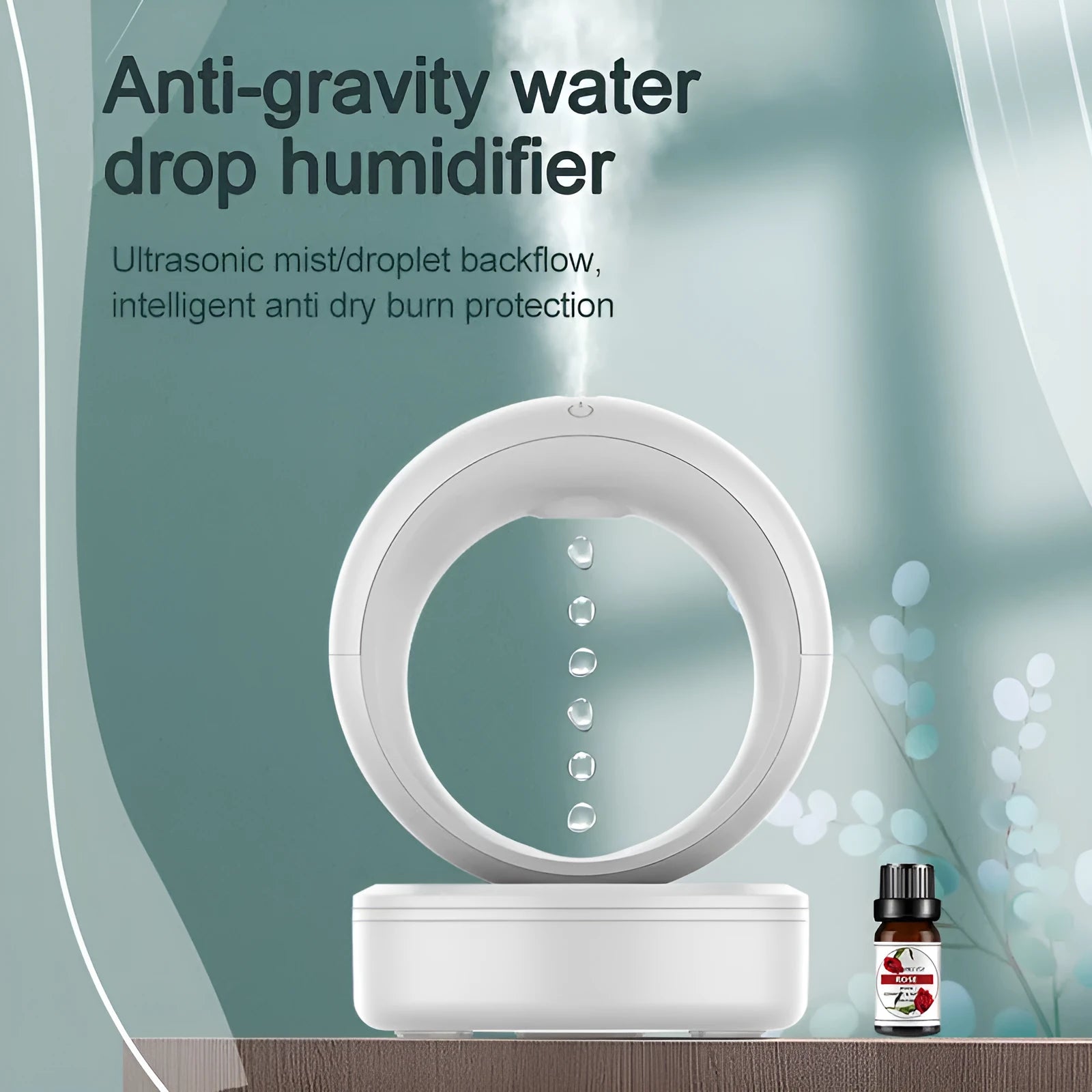 White round USB-powered humidifier showing anti-gravity levitating water droplets and mist output.