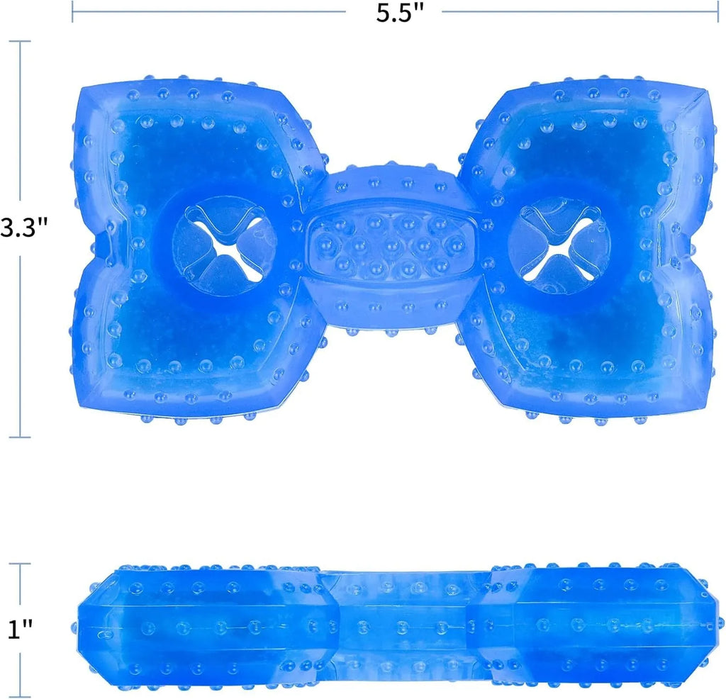 Freezable bone and circle shaped dog chew toys for cooling and teething relief.