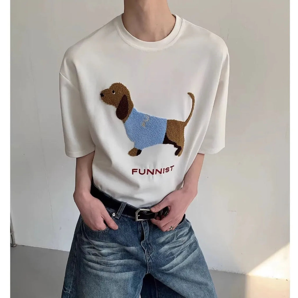 Men's grey cotton T-shirt with embroidered sausage dog wrapped in towel design