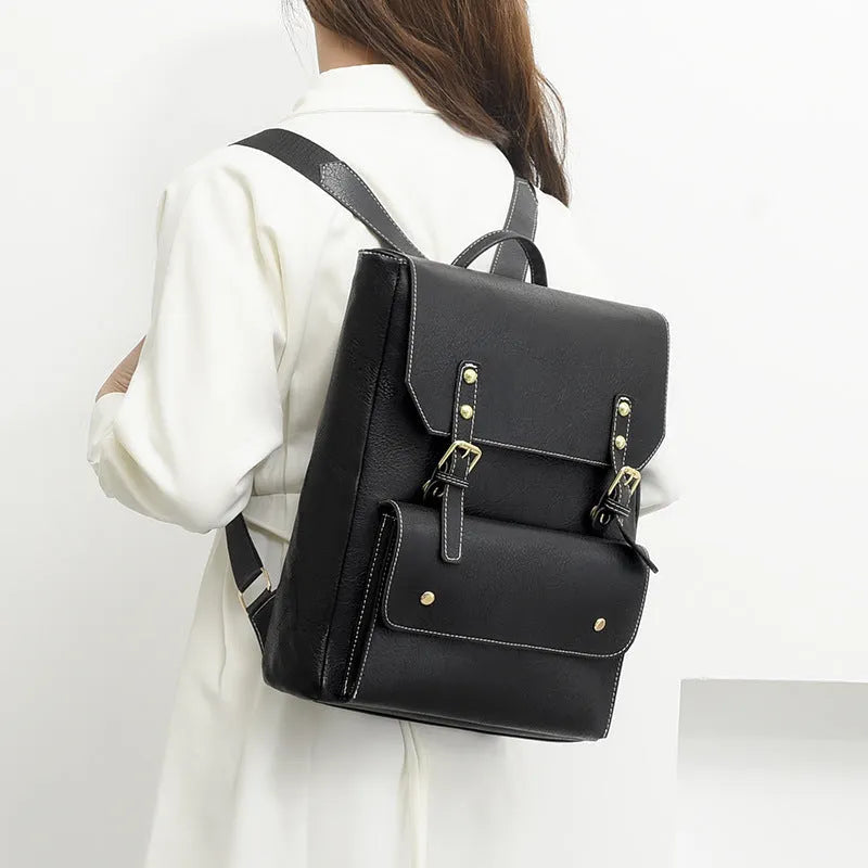 Korean style soft PU retro backpack shown in dark brown colour
