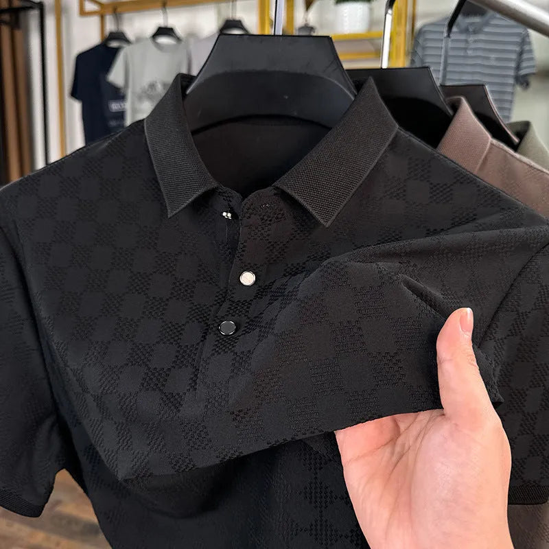 Rhombus thin ice silk short sleeve t-shirt in black with a slit detail on the hem.