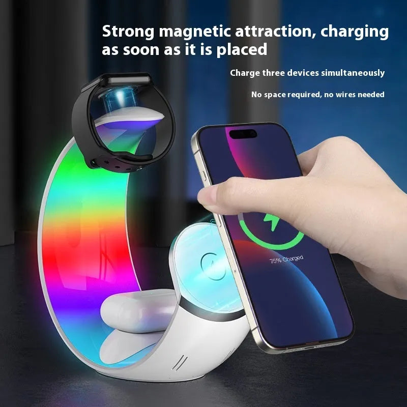White wireless ambience night lamp and USB charger unit with Type-C port for phones and watches.