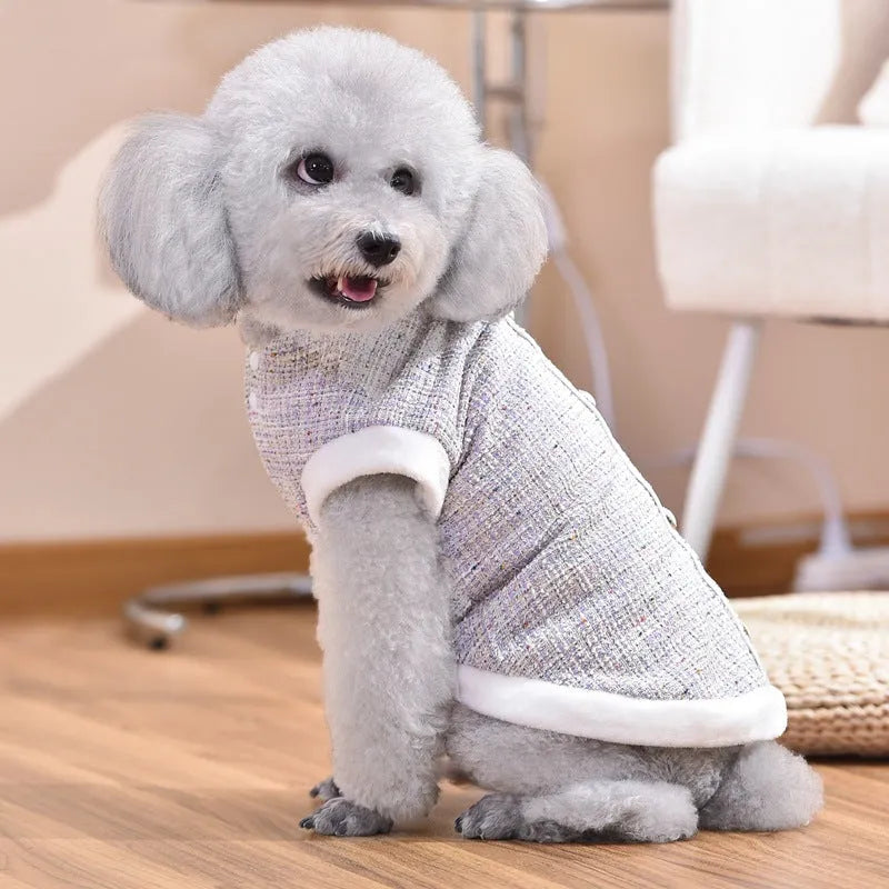 Black PU leather sausage-shaped dog jacket with zip, modelled on a small dog.