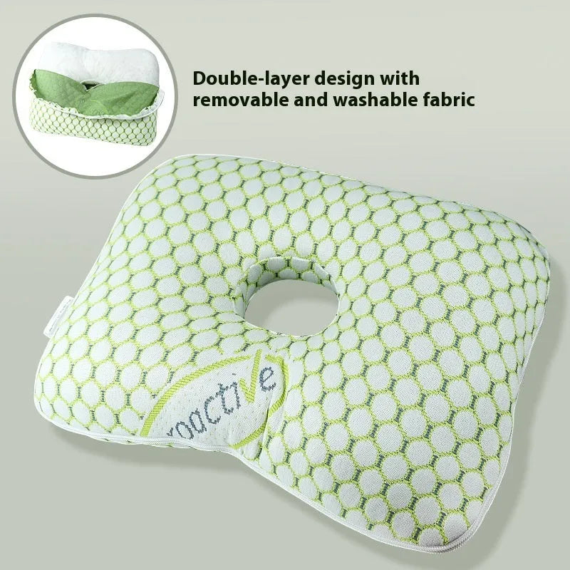 Beauty salon single hole ear pillow for adults in grey plaid pattern, showing dimensions.