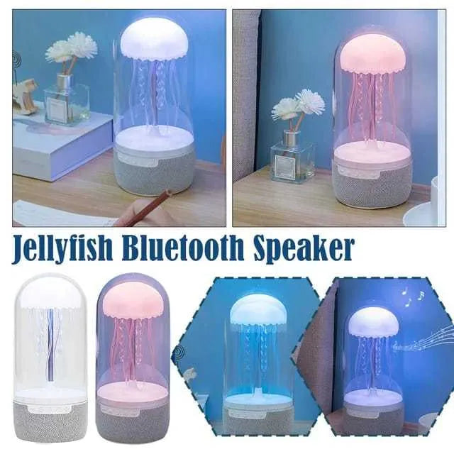 White 3-in-1 Bluetooth speaker jellyfish lamp with LED lights on a desk