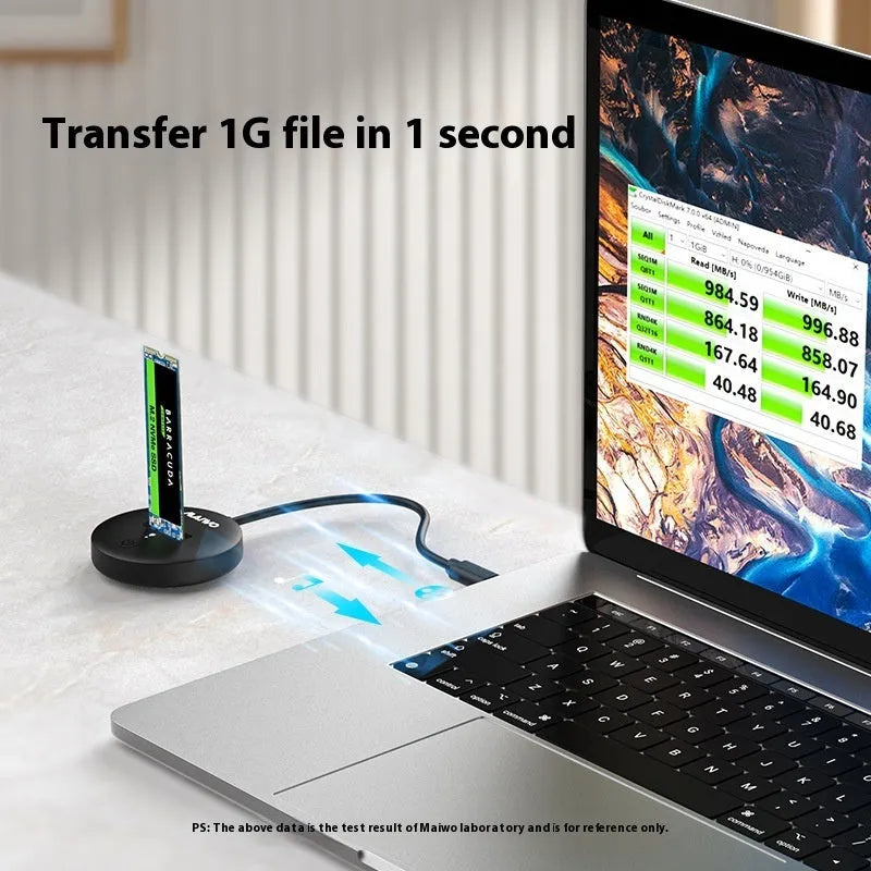 Black external NVME solid-state drive enclosure with USB Type-C port