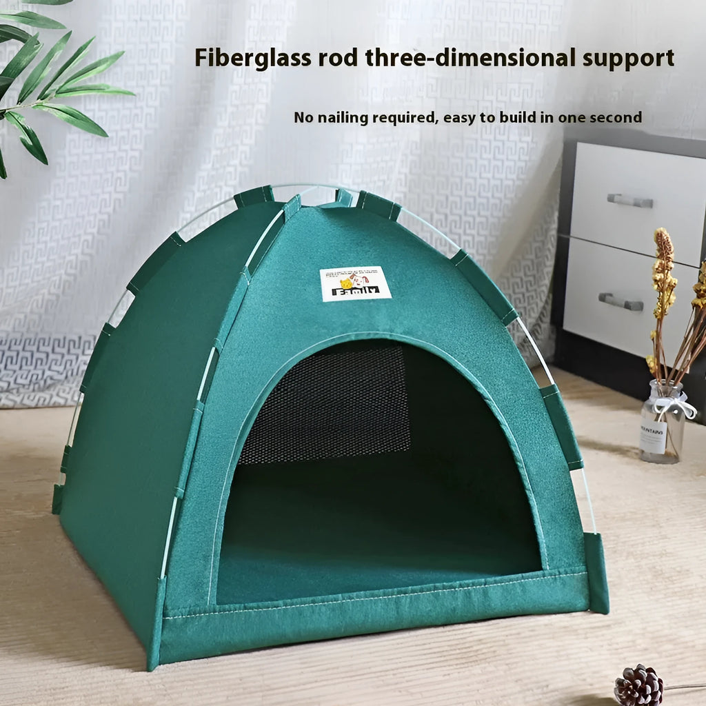Grey removable-cover pet tent bed for cats and small dogs measuring 36cm.