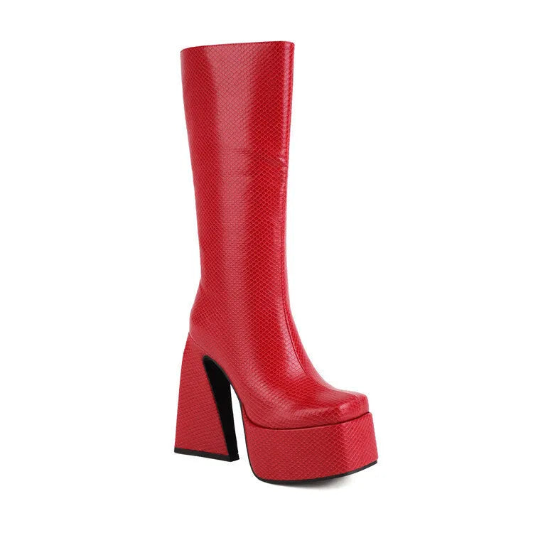 Women's black casual high boots with a round toe, made from PU leather, shown from the side.