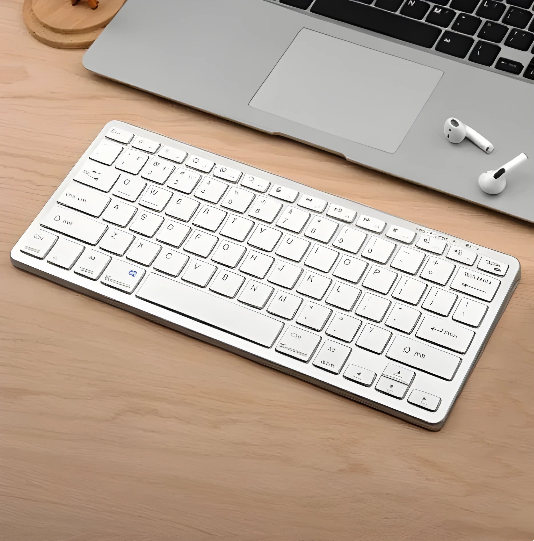 Wireless Bluetooth keyboard and mouse set in silver white with 78 keys and USB charging ports