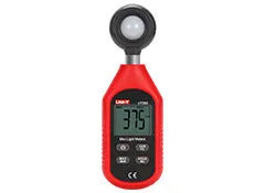 UT383 mini digital lux meter measuring light level with backlit LCD display