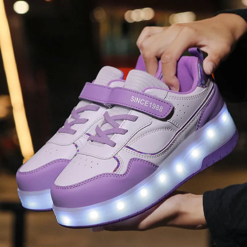 Boys and girls charging flash roller skates with LED lights in multiple colours and wheel configurations
