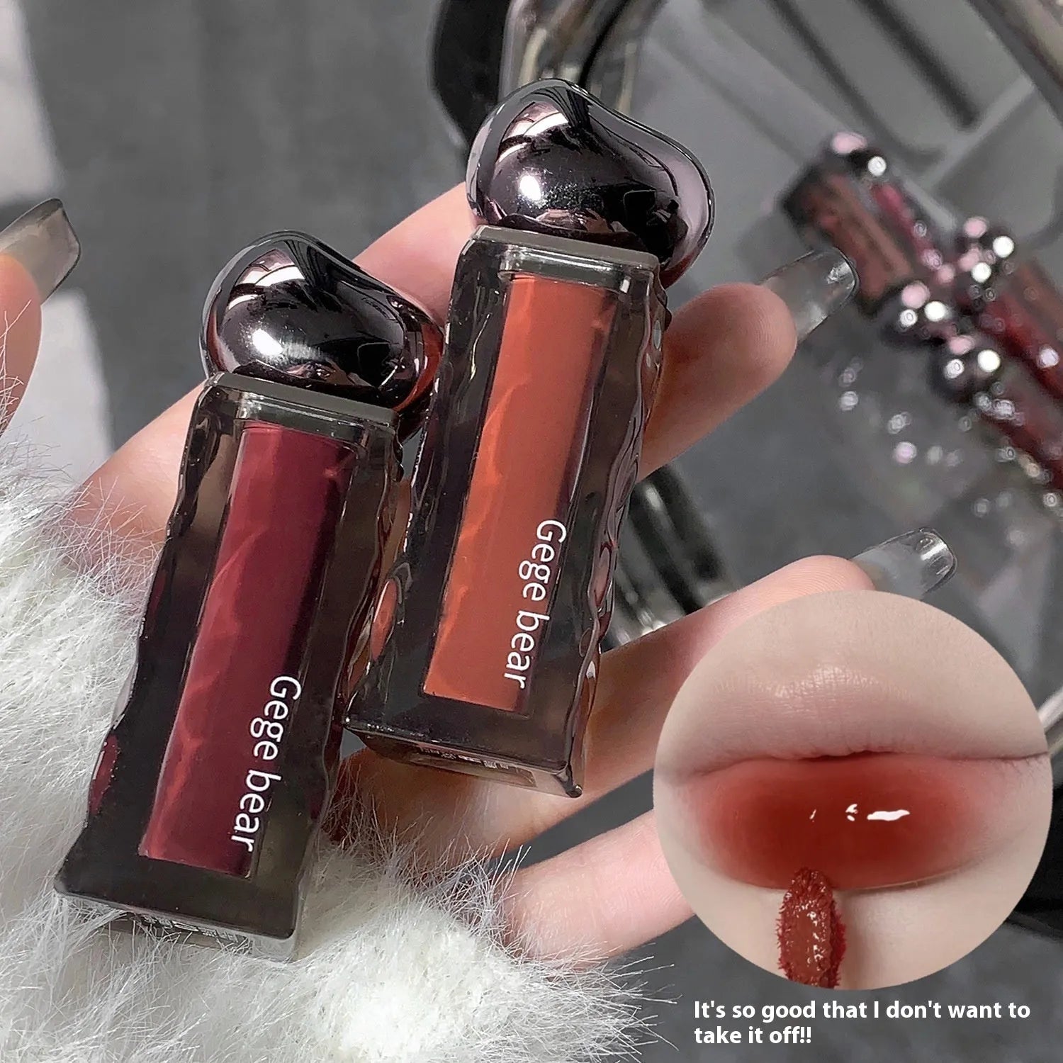 Mirror lip gloss with glacier lava formula in seven colour options showing reflective, luminous finish