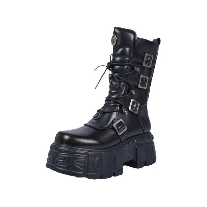 Black PU leather Gothic platform lace-up boots with metal tank detailing and side zipper