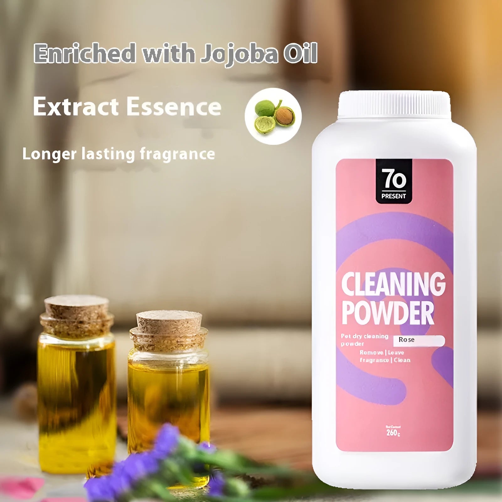 Bottle of dog dry cleaning powder deodorant in 260g size with choice of rose, orange or menthol fragrance