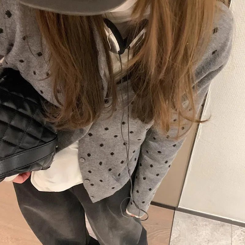 Women's grey dot knitted cardigan with crochet flowers, long sleeves, and loose fit