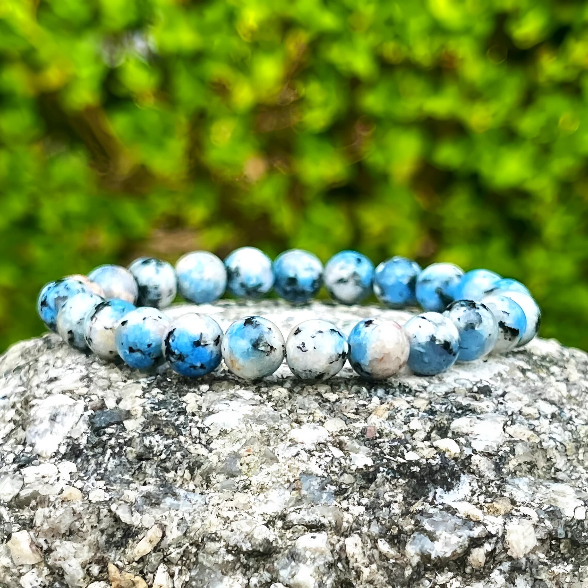 Handmade natural K2 azurite stone beaded bracelet with geometric shape on wrist