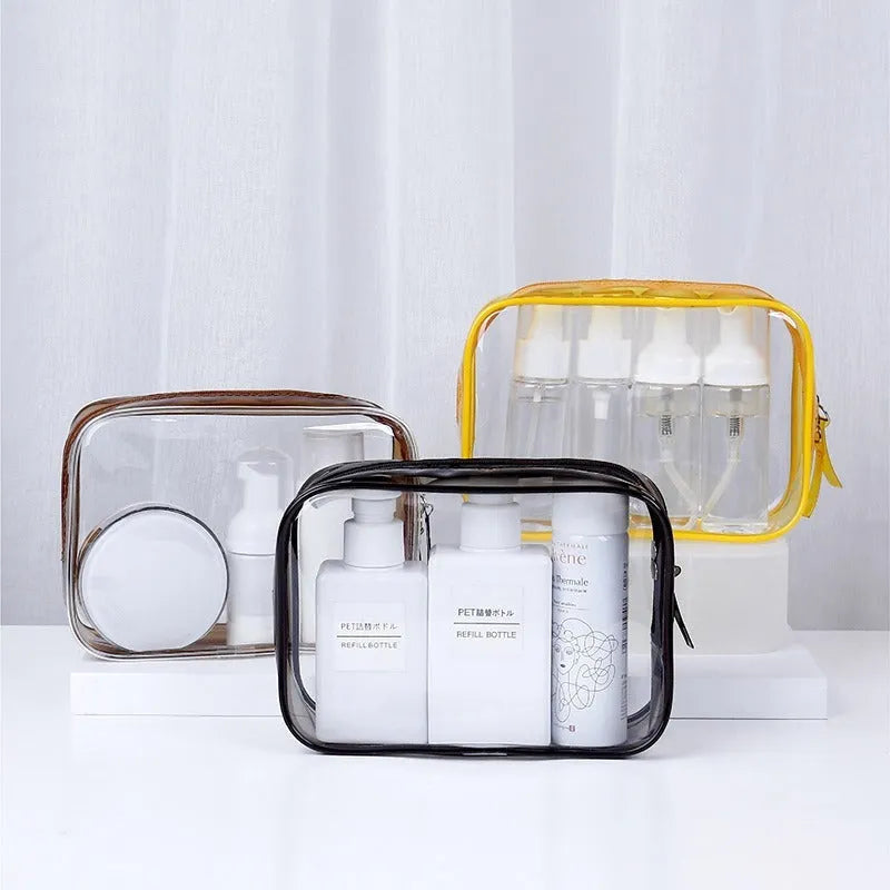 Semi-transparent PVC makeup bag in black, pink, or white colour, shown in L and XL sizes.